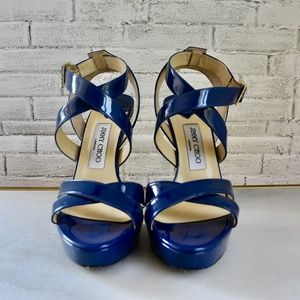 Jimmy Choo Strappy Patent Blue Platform Heels